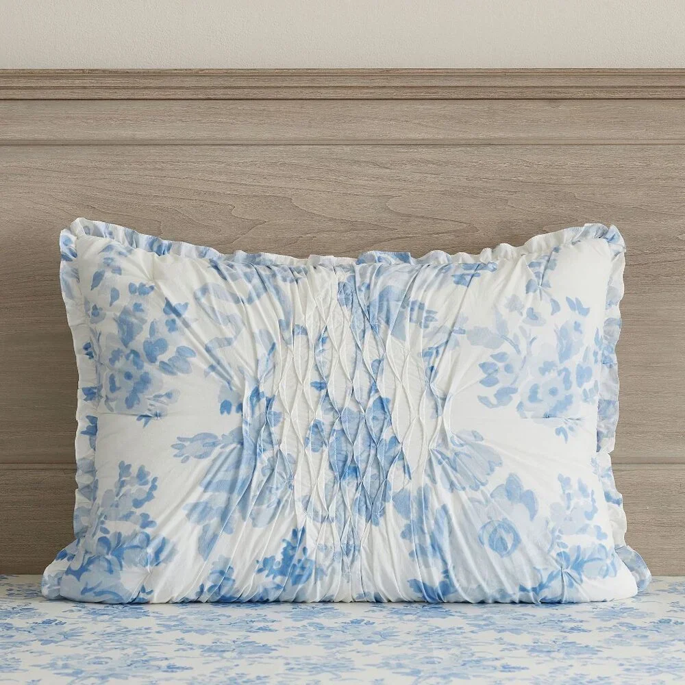 LoveShackFancy Garden Damask Smocked Standard Sham Pillow Cover Blue Floral NEW